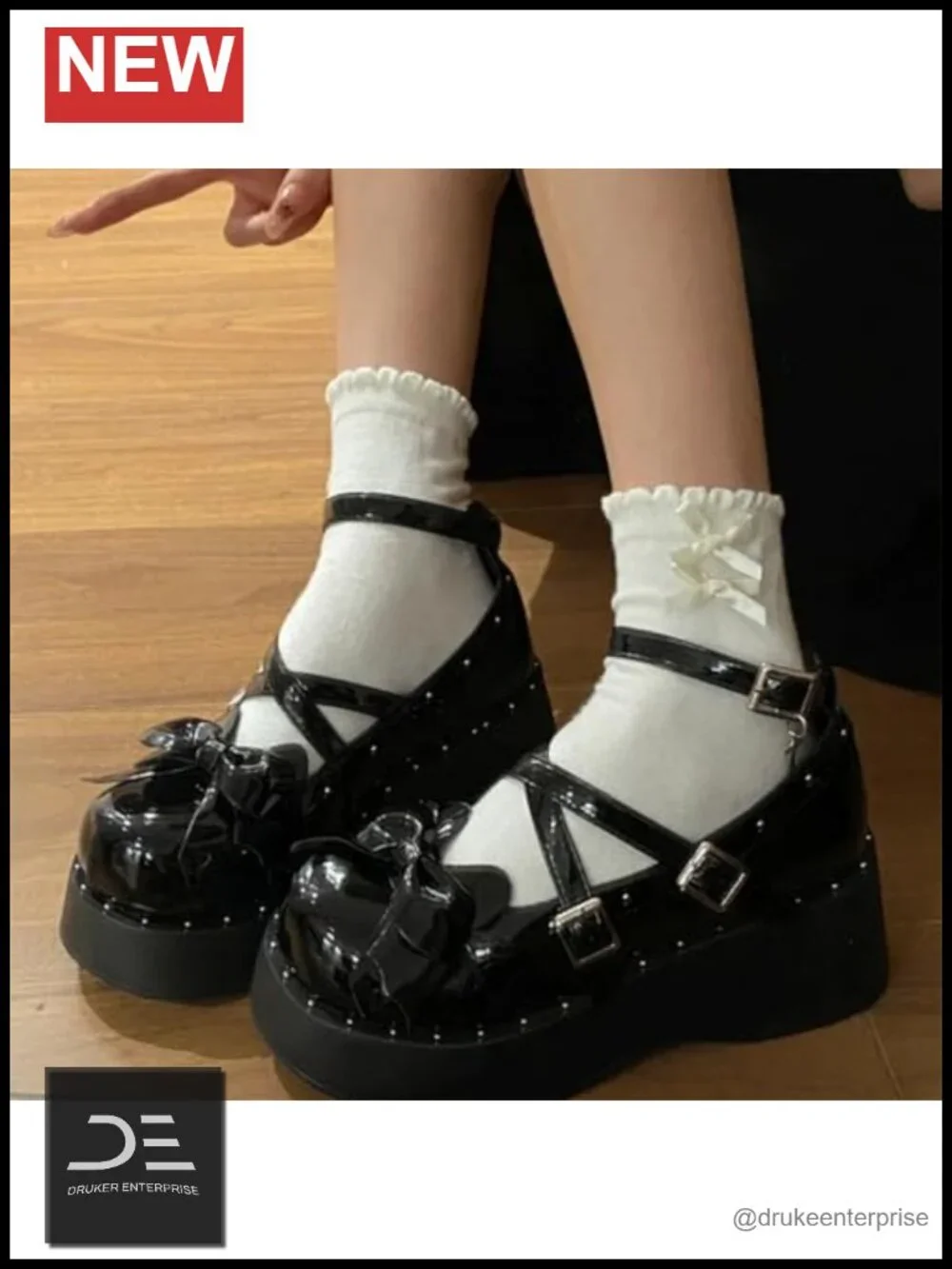 Women Kawaii Gothic Platform Mary Jane Shoes Bows Rivet Chunky Heels PU Leather